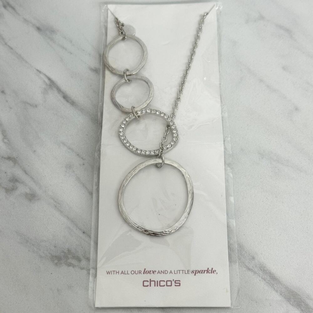 Chicos Interlocking Rings Pave Rhinestone Silver Tone Adjustable Lariat NWT ✨